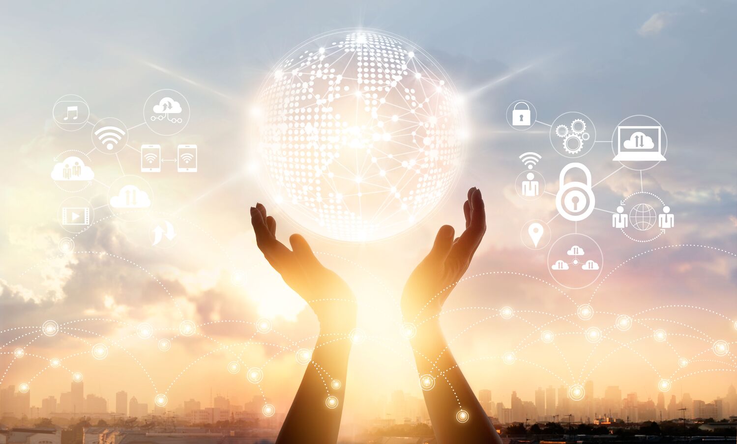 Integration blog hero image-General Purpose Businessman touching circle global network connection and data exchanges worldwide on city sunset background, communication and technology concept