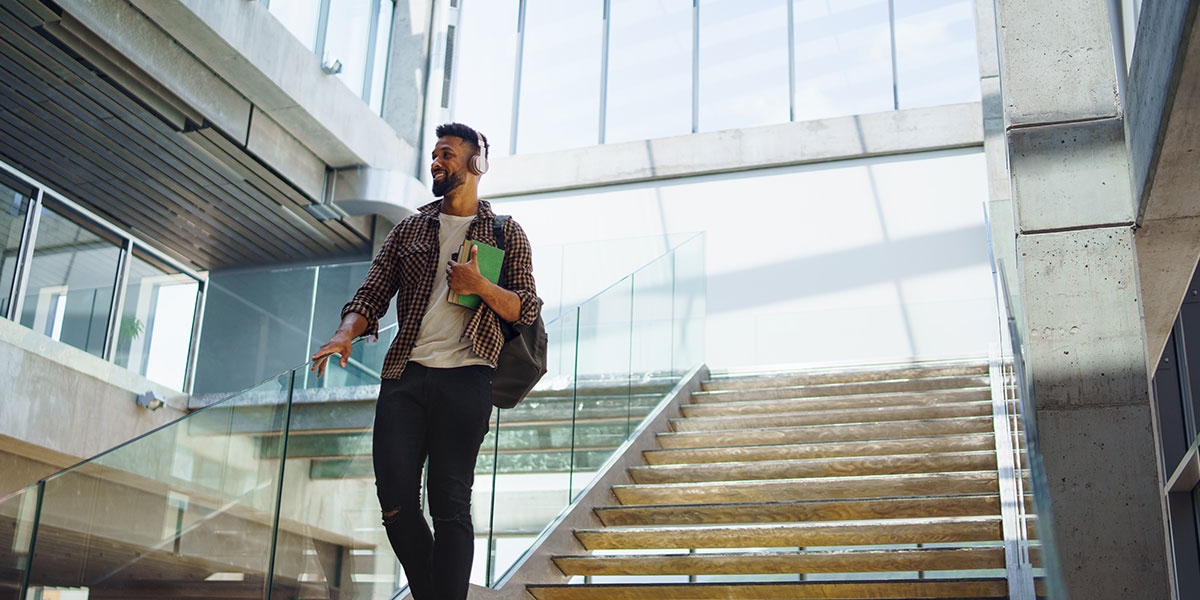 University student walking through campus