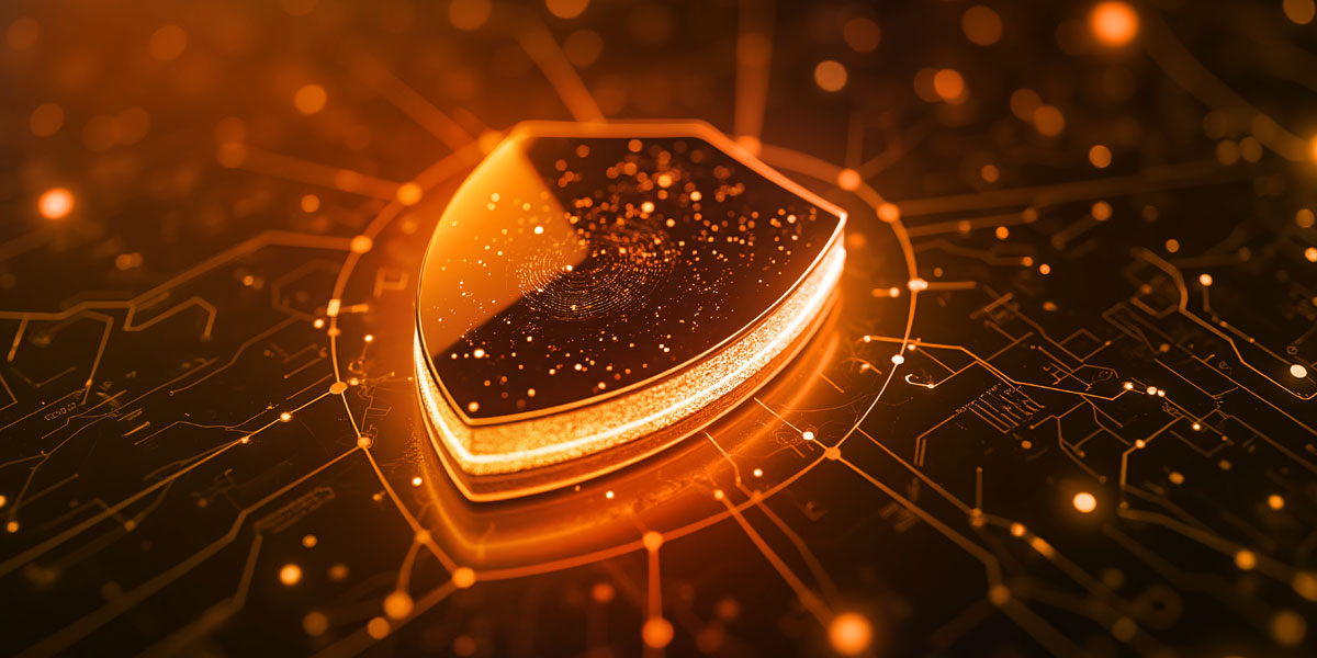 Animated orange shield representing cybersecurity and data protection