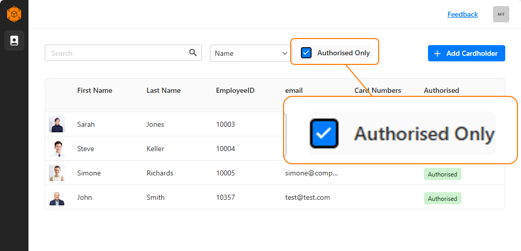 Command Centre Web Authorised Cardholder Search Filter